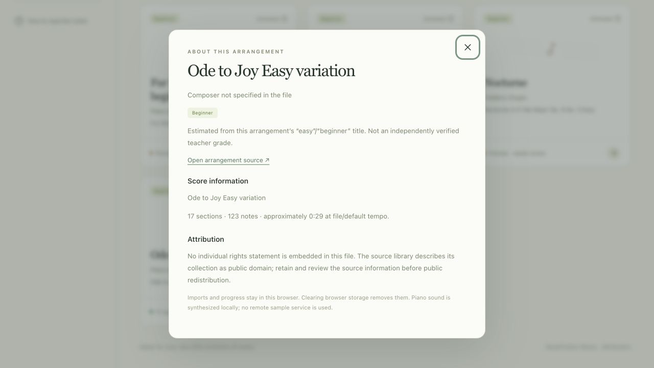 Arrangement details for Ode to Joy, showing that its Beginner label comes from the arrangement title rather than a verified teacher grade