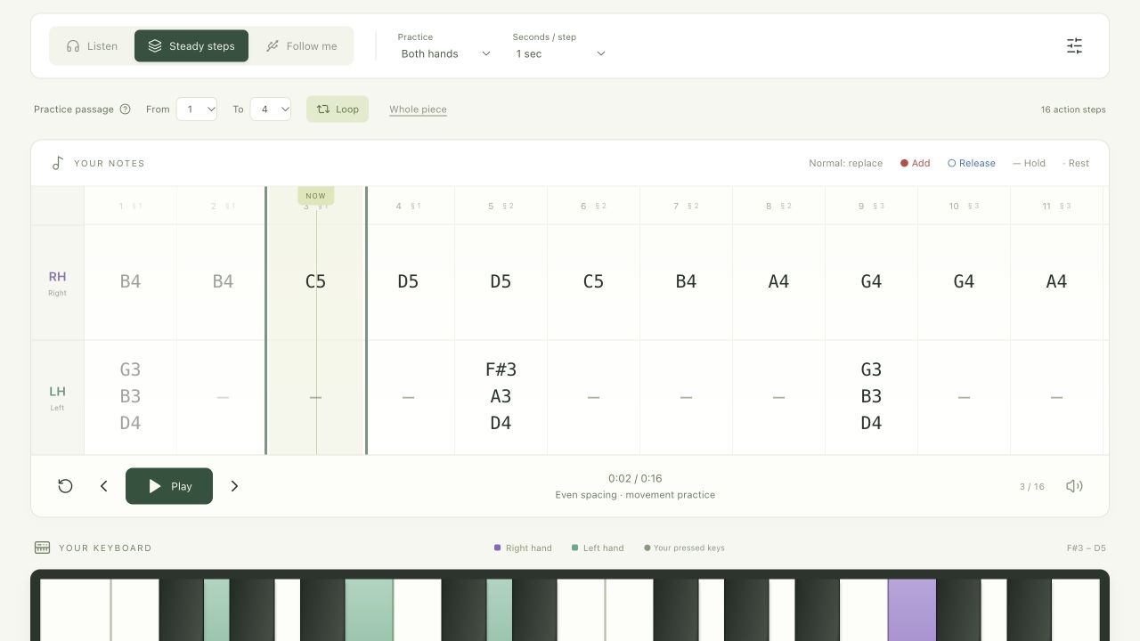 Steady steps selected, with a one-second interval and a loop covering sections one through four